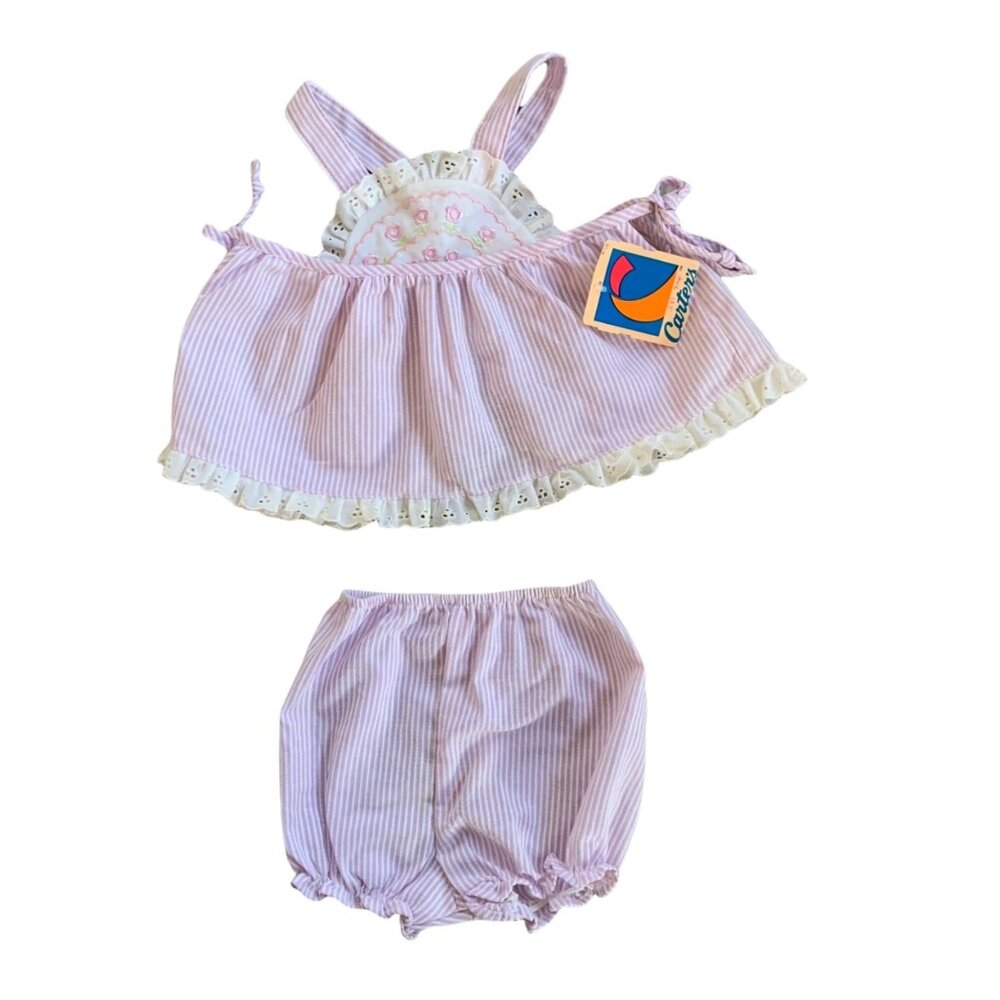 Vintage Carter's Pastel Floral Embroidered Seersucker Top With Bloomers USA 9 M